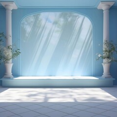 Empty blue room interior with spring leaves plant. 3d living room, office or gallery with shadows and sunlight from the window on the wall, realistic illustration. Minimal scene 