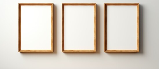 Empty wooden picture frame with glass hanging on a white wall Template for mock up