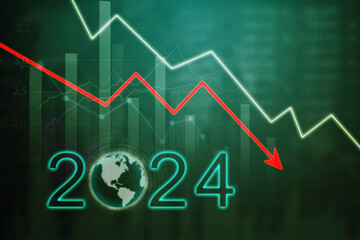 Hand drawing downward red arrow on blurry financial data background