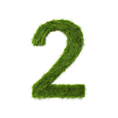 green grass forming number two, 2, alphabet text font character isolated on white in nature, growth and eco environment concept.