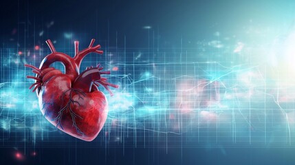 Empty copy space background for presentation banner. futuristic medical research or heart cardiology health care with diagnosis vitals infographic biometrics for clinical and hospital services as wide