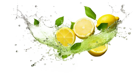 Tuinposter Fresh Lemonade Splashing on lemon fruit isolated on transparent background PNG © Rames studio
