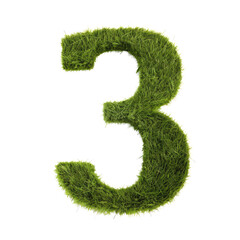 green grass forming number three, 3, alphabet text font character isolated on white in nature, growth and eco environment concept.