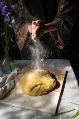 Woman  working with homemade yeast dough.