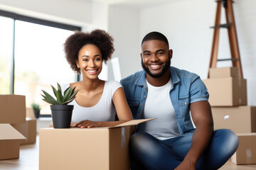Happy young black couple with cardboard boxes moving in to their new home together