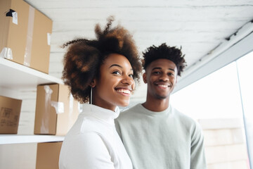 Happy young black couple with cardboard boxes moving in to their new home together - obrazy, fototapety, plakaty