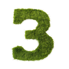 green grass forming number three, 3, alphabet text font character isolated on white in nature, growth and eco environment concept.