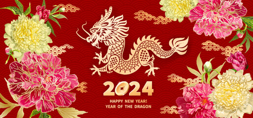 Dragon is a symbol of the 2024 Chinese New Year. Greeting card in Oriental style with peonies flowers, leaves, buds, decorative elements around zodiac Sign of golden Dragon on red background - 659849088