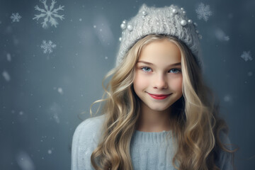 cute little girl in winter hat on blurred grey background with snowfall. space for text