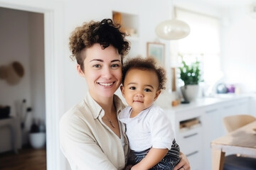 Fototapeta premium Portrait of a happy smiling mother holding her baby at home