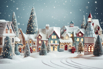 Fototapeta premium Miniatur-Weihnachtsdorf, Winterwunderland mit Schnee, Tannenbäume und Weihnachtsbeleuchtung, Weihnachtshintergrund oder Karte 