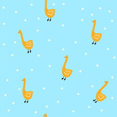 Cute goose seamless pattern, hand drawn print with farm bird and snow for kids fabric and textile,wallpaper,nursery,baby shower iilustration in flat style