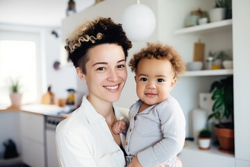 Portrait of a happy smiling mother holding her baby at home