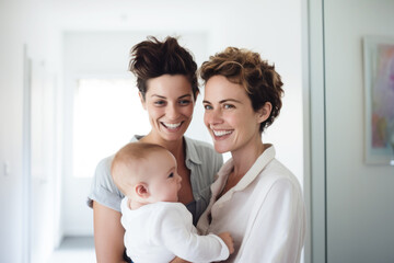 Portrait of happy female Gay couple with baby at home. Concept of lgbt people, lesbian marriage and adoption, homosexual family - Powered by Adobe