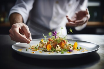 Obraz na płótnie Canvas Chef putting the finishing touches on a dish.