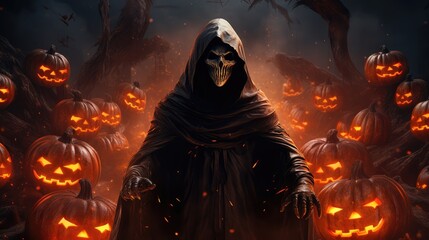 Fototapeta na wymiar Dad man in a hood on a background of Halloween pumpkins. Generative AI
