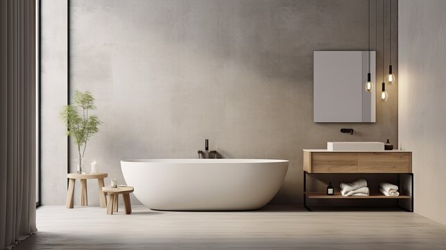 minimalist bathroom interior, concrete floor, and gray and beige walls, bathroom cabinet, bathtub.