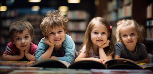 kids reading while playing in a library - obrazy, fototapety, plakaty