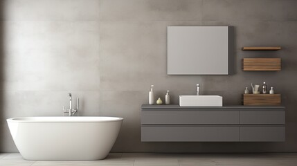 Fototapeta na wymiar minimalist bathroom interior, concrete floor, and gray and beige walls, bathroom cabinet, bathtub.