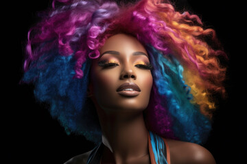 Woman with vibrant and colorful hair striking pose for photo. This image can be used for fashion, beauty, or creative concepts.