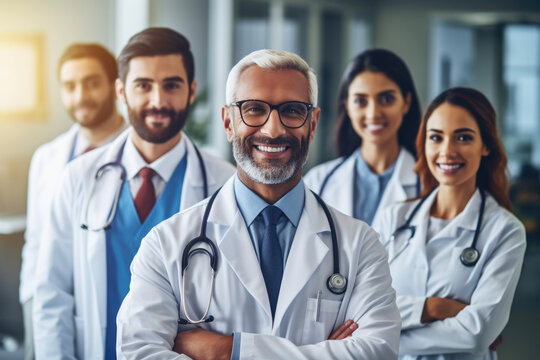 Group of doctors standing together. This image can be used to represent teamwork, collaboration, or medical professionals in hospital or clinic setting.
