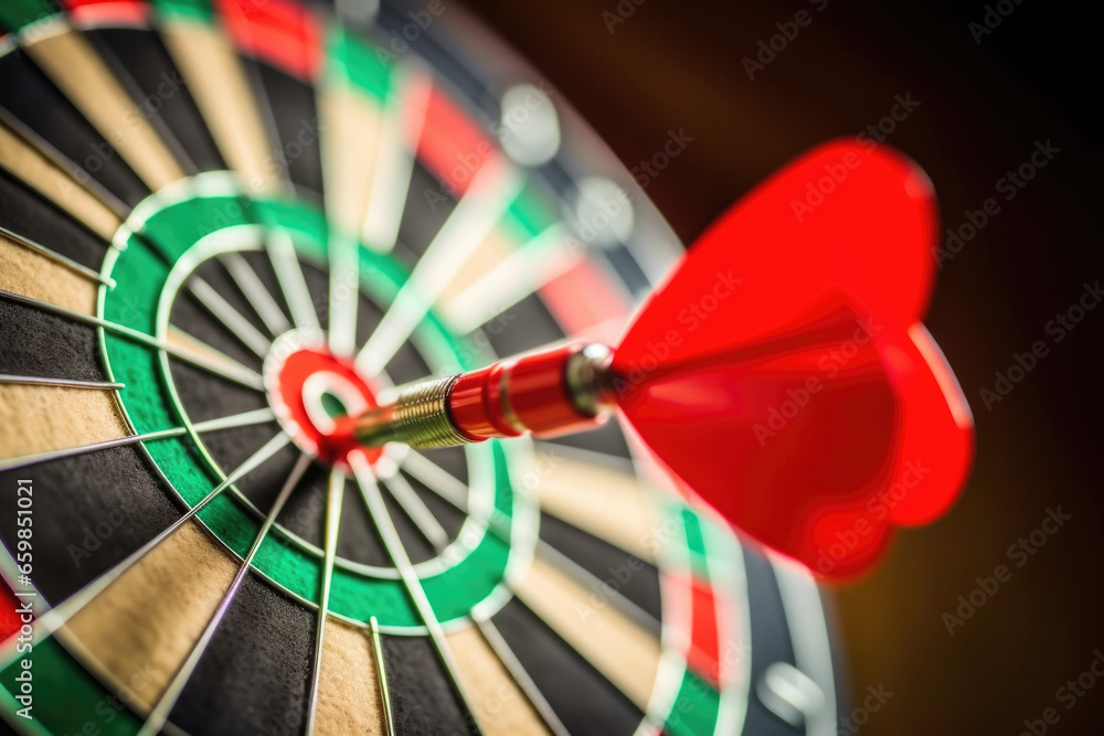 Poster close-up shot of dart hitting target. this image can be used to represent accuracy, precision, goal 