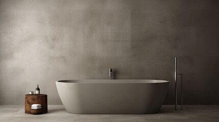 minimalist bathroom interior, concrete floor, and gray and beige walls, bathroom cabinet, bathtub. - obrazy, fototapety, plakaty