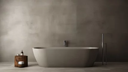 Fotobehang minimalist bathroom interior, concrete floor, and gray and beige walls, bathroom cabinet, bathtub. © BOMB8