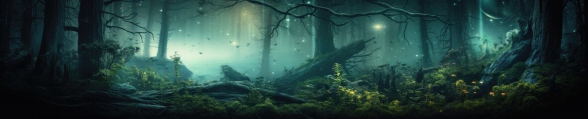 Silhouettes of trees in a dark night forest with a blue and green of fog.