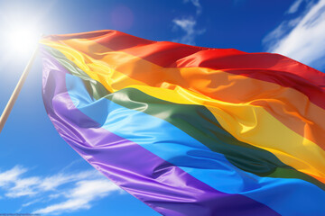 Vibrant rainbow flag soaring through sky. Perfect for LGBTQ events and celebrations.