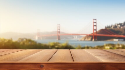 Table top with Golden Gate Bridge Background. - obrazy, fototapety, plakaty