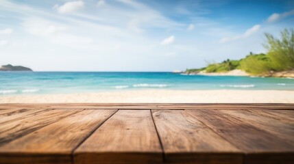 Fototapeta premium Top of wood table with blurred sea and blue sky background - Empty ready for your product display montage. Concept of beach in summer