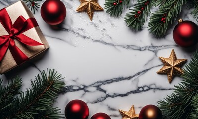 Fototapeta na wymiar Christmas and New Year holiday background. Xmas greeting card. Christmas gifts on white marble background top view. Flat lay, Generative AI