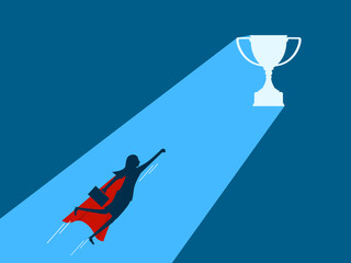 Businesswoman hero flies to the trophy icon. Vector illustration