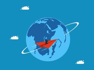 World economic leader. Business people fly in paper airplanes around the world. Vector