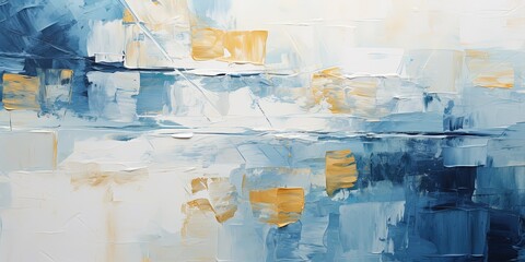 Closeup of abstract rough blue white gold art painting texture, with oil brushstroke, pallet knife paint on canvas