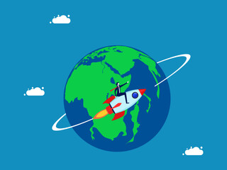 Naklejka na ściany i meble Travel around the world. Businessman flies in rocket around the world. Vector