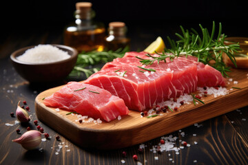 Fresh piece of raw tuna is displayed on cutting board, accompanied by variety of spices and sprinkle of salt. Preparation of sushi or as representation of healthy dish seafood. - obrazy, fototapety, plakaty