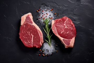 Two raw steaks placed on black surface, garnished with fresh pepper sprigs. This image can be used to showcase high-quality cuts of meat or to represent cooking and food preparation.