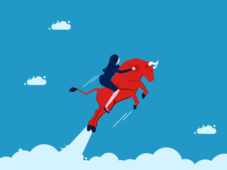 Businesswoman rides a red bull soaring into the sky vector illustrtion