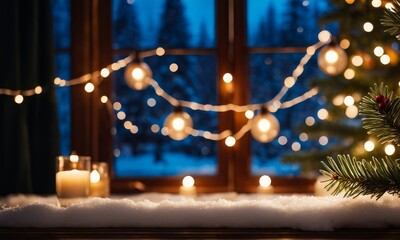 Empty white wold table top with abstract warm living room decor with christmas tree string light blur background with snow,Holiday backdrop,Mock up banner for display of advertise, Generative AI
