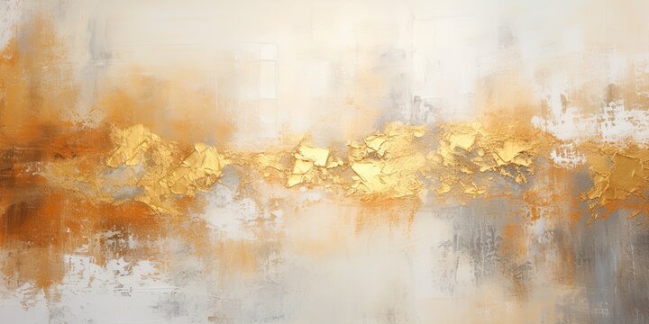 Closeup of abstract rough gold white art painting texture, with oil brushstroke, pallet knife paint on canvas