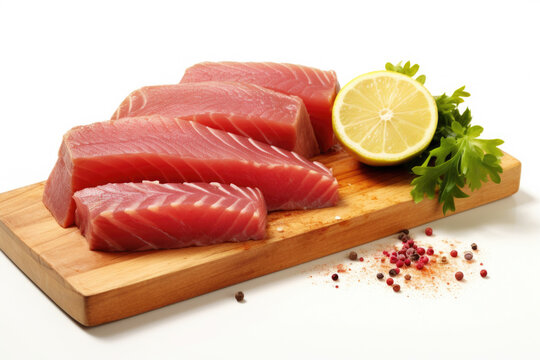 Close-up shot of fresh raw tuna on cutting board, accompanied by slice of lemon. This image is perfect for food-related projects and can be used to showcase freshness and quality of seafood.