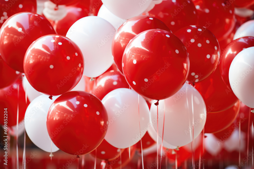 Poster vibrant display of red and white balloons hanging from ceiling. perfect for adding festive touch to 