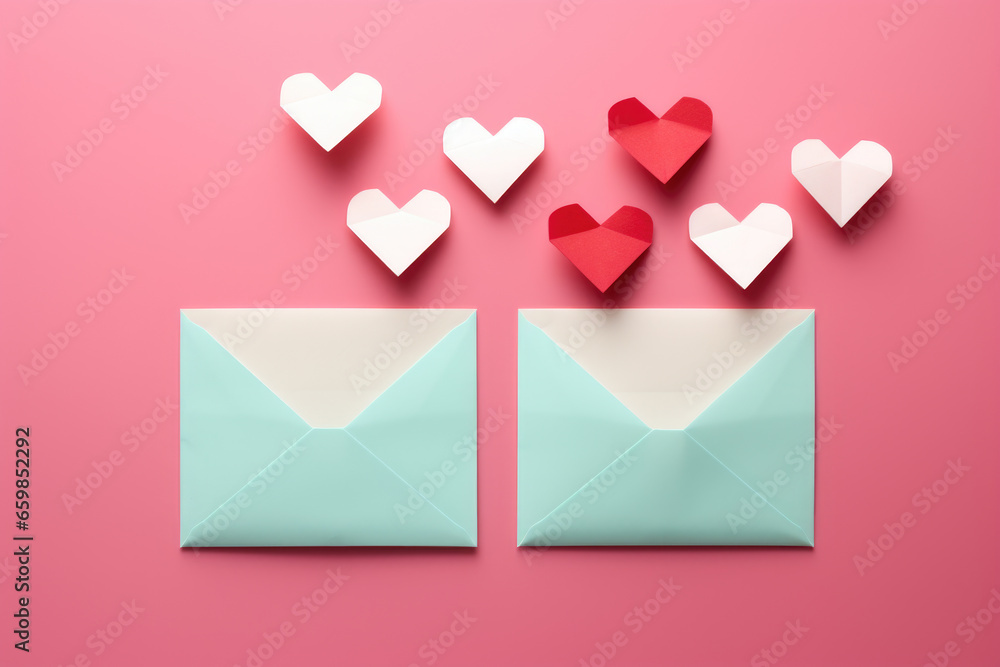 Poster two envelopes with paper hearts flying out of them. perfect for expressing love and affection in var