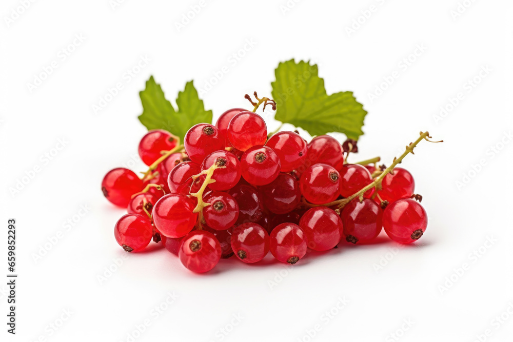 Poster close-up photograph of bunch of vibrant red currants arranged neatly on clean white surface. this im