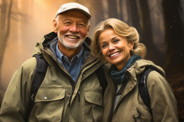 Fototapeta premium Man and woman standing together in serene forest. This image can be used to depict couple enjoying nature or as representation of peaceful outdoor setting.