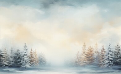 Fototapeta na wymiar romantic landscape with snowy trees in fog and blizzard. Season greetings concept. Generative AI