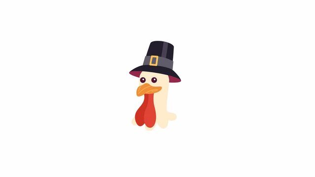 Pilgrim turkey blinking 2D avatar icon animation. Thanksgiving flat cartoon 4K video, transparent alpha channel. Poultry bird wearing flat topped hat animated animal head on white background