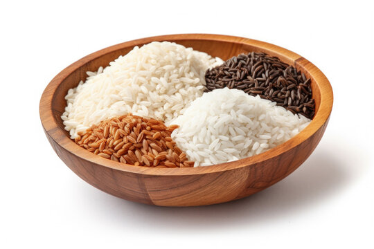 Wooden bowl filled with variety of rice types. This versatile image can be used to showcase diversity of rice or in cooking and food-related projects.